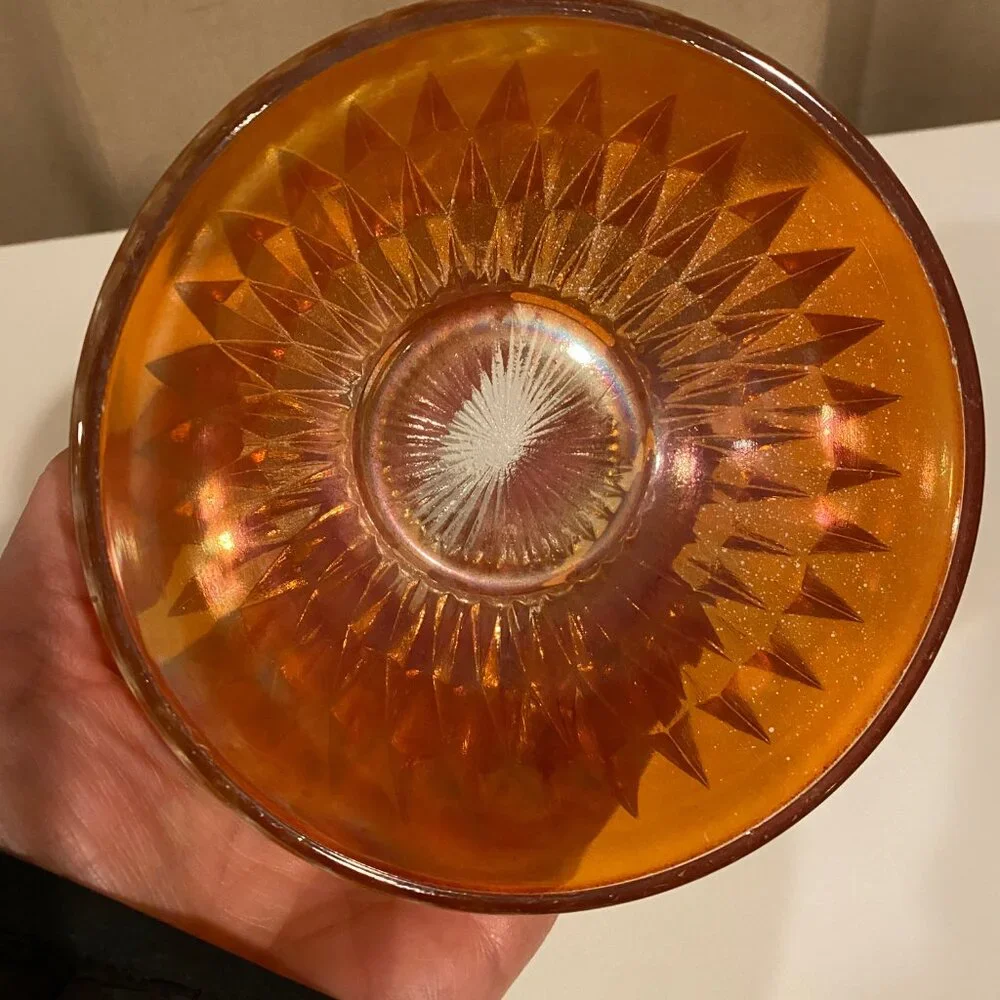 Vintage‎ Pink Carnival Glass Bowl 5” Iridescent Diamond Cut Candy Dish